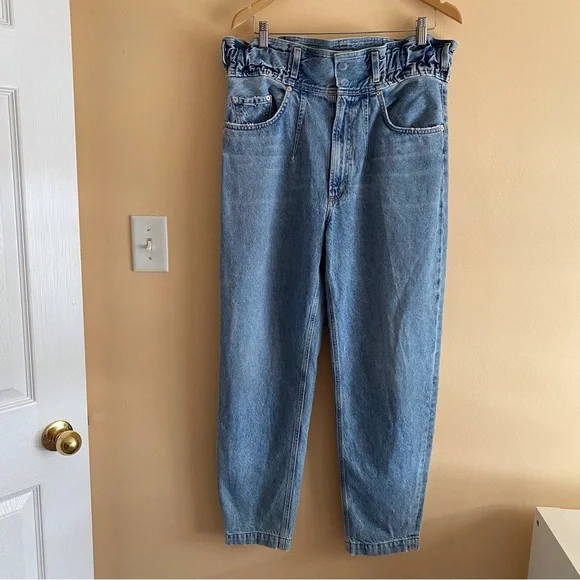 AGOLDE Riya Elasticated Peg Jeans Woman 28 Blue 80s Pleated High Rise NO BELT - Picture 2 of 16